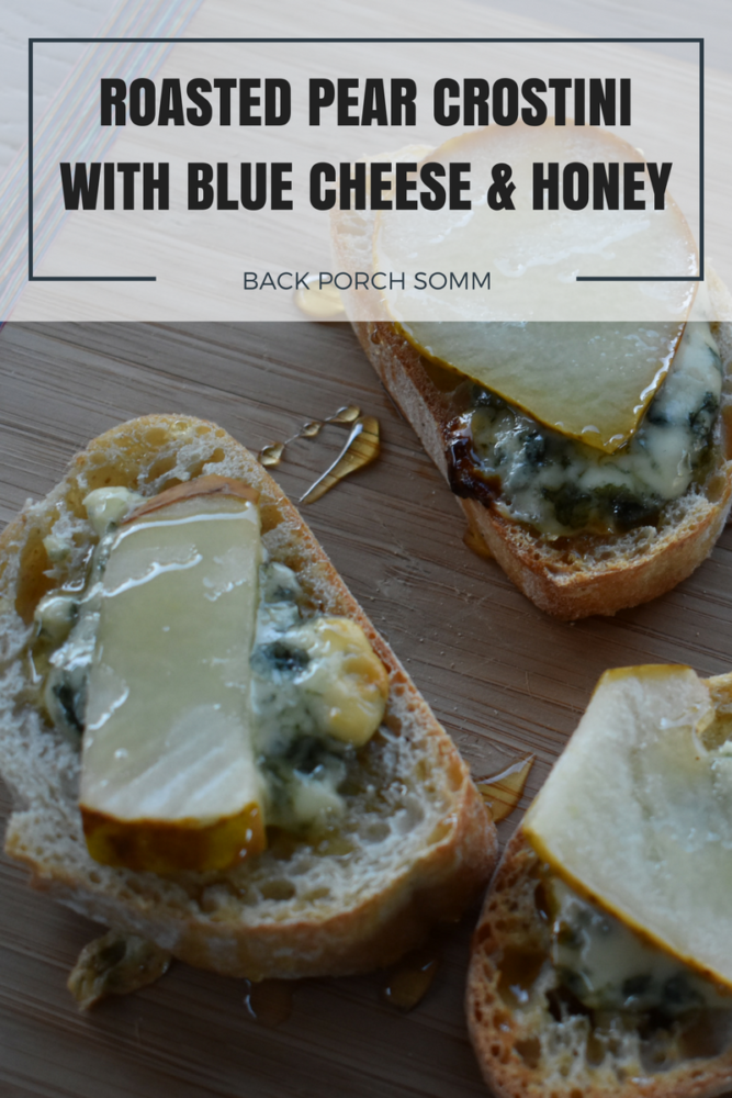 ROASTED PEAR CROSTINI WITH BLUE CHEESE AND HONEY